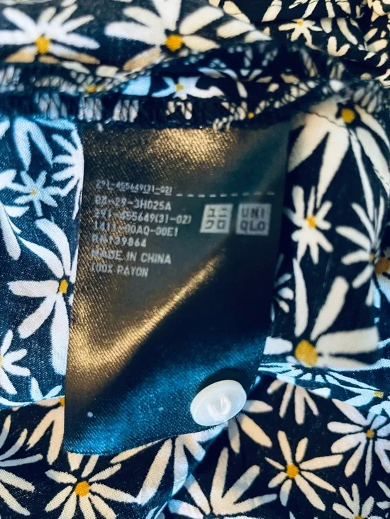 Uniqlo Ditsy Floral Dress Daisy Print Lightweight Black White Yellow L Cottage - Picture 11 of 15